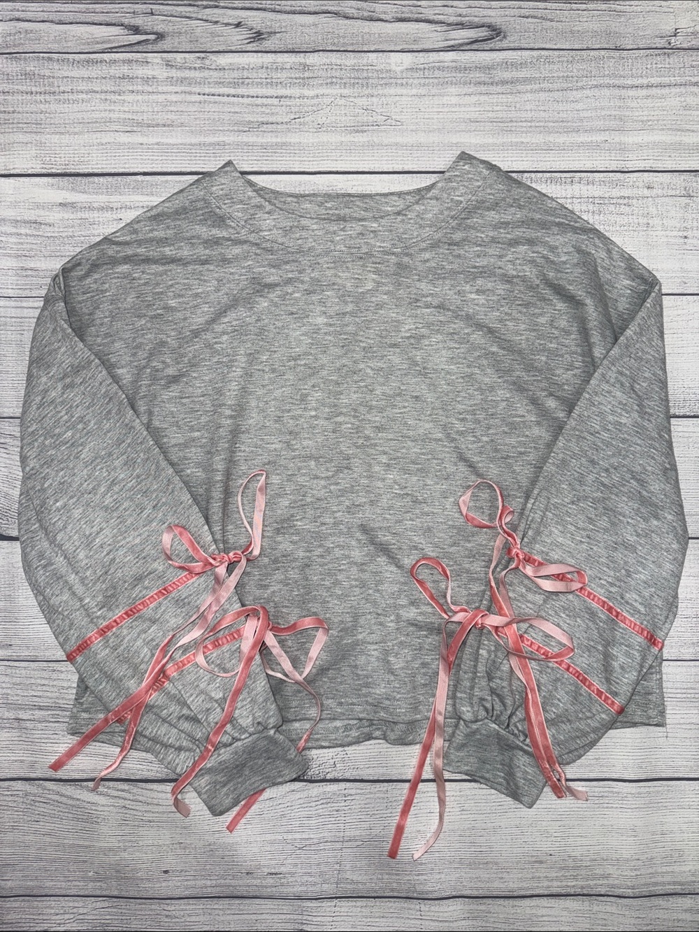 Fantastic Fawn Oversized  Semi-Cropped Gray Sweatshirt with Pink Ribbon Ties